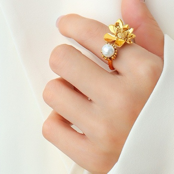 18K Gold Plated Flower Floral Ring*Open Ring*Pearl*Vintage Inspired Artsy*ML - Picture 7 of 8